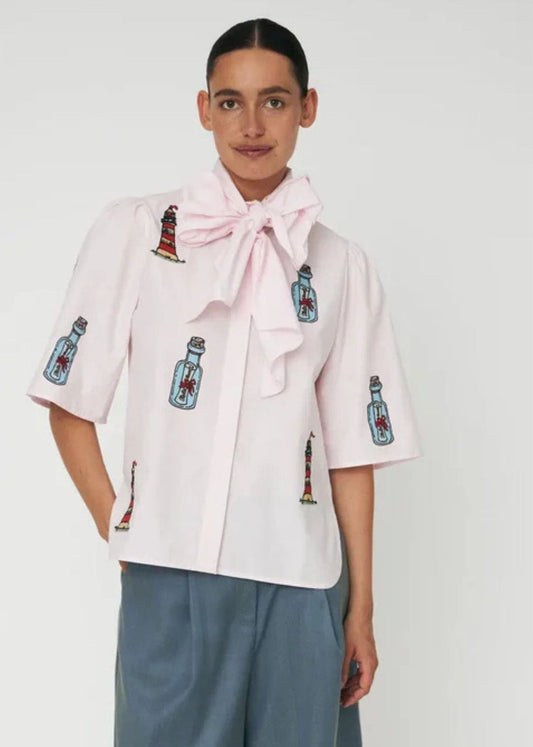 Embroidered Bow Shirt-Pale Pink