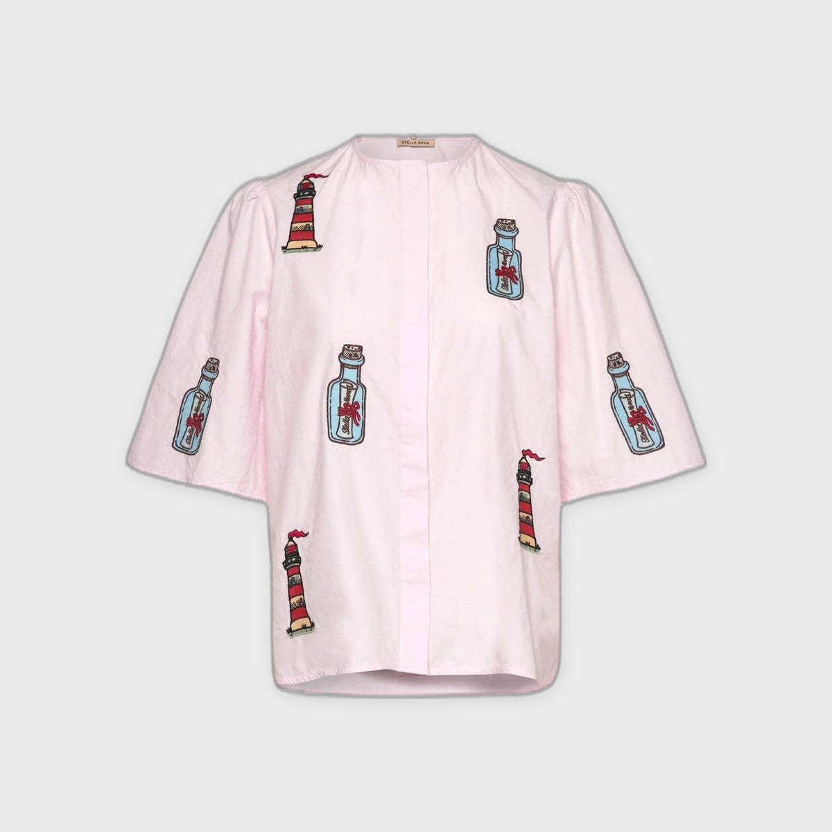 Embroidered Bow Shirt-Pale Pink