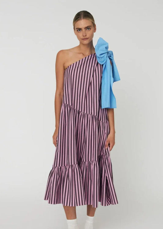 Striped Bow Midi Dress-Purple