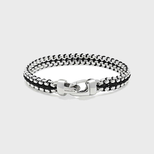 Black Woven Box Chain Bracelet in Silver - Pop Up Concepts
