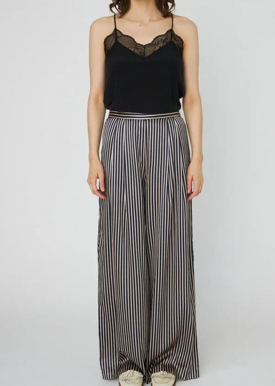 Striped Silk Mid-Waist Pants - Cream Blue Stripes - Pop Up Concepts