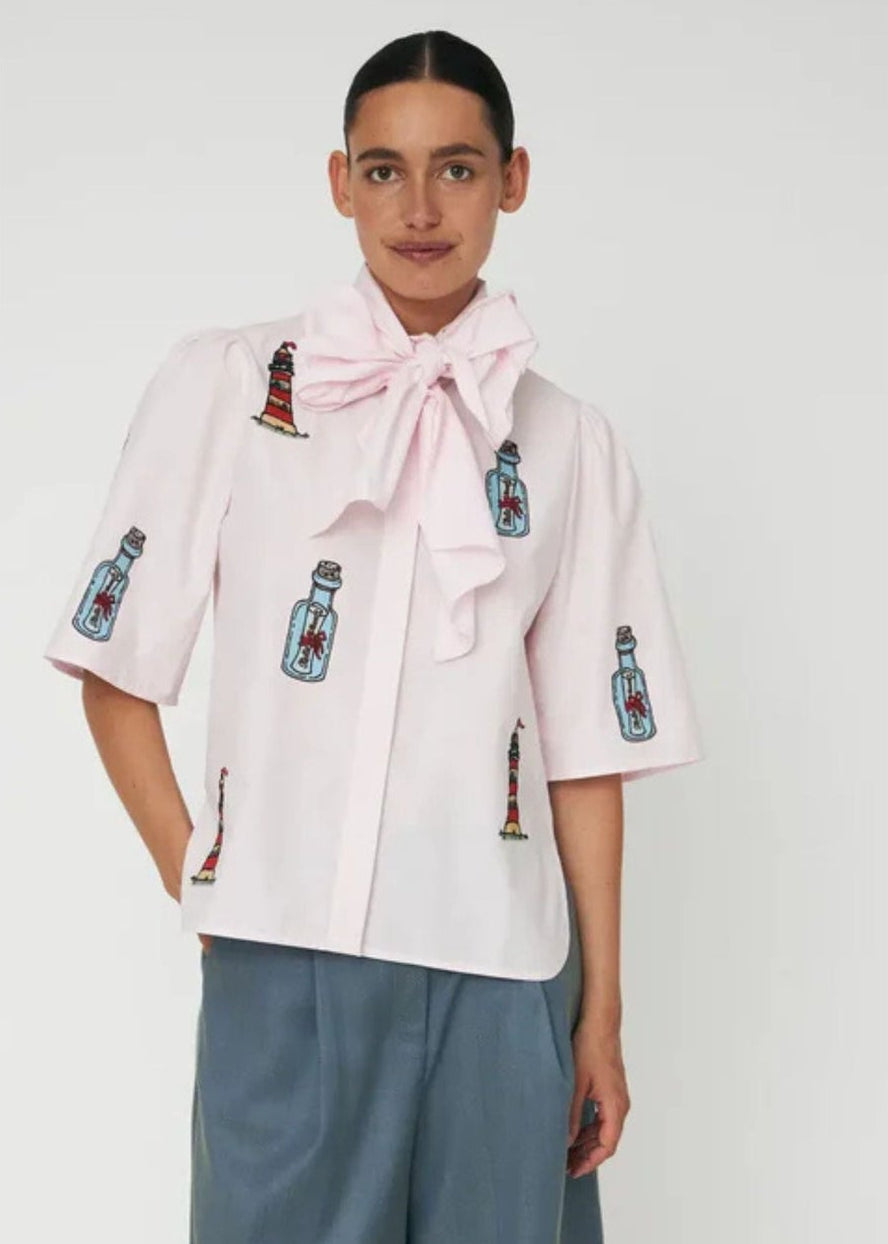 Embroidered Bow Shirt-Pale Pink