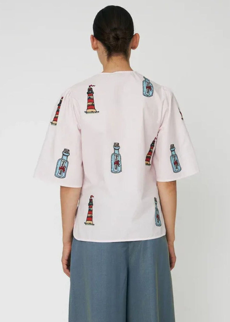 Embroidered Bow Shirt-Pale Pink