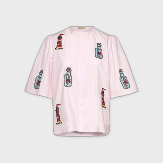 Embroidered Bow Shirt-Pale Pink