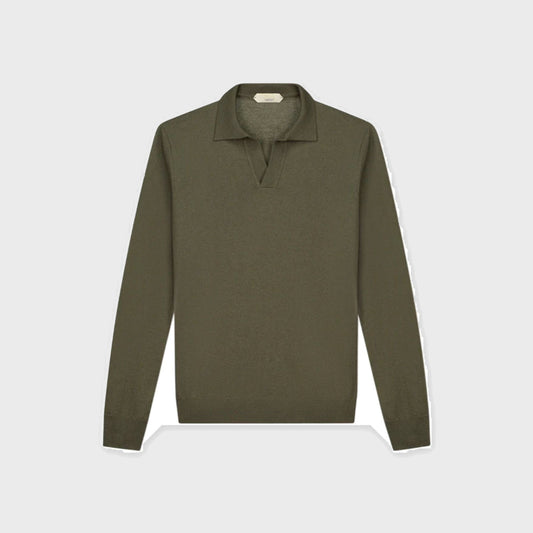 Extrafine Merino Buttonless Polo-OLive - Pop Up Concepts