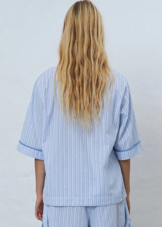 Short sleeved pyjamas shirt-White/Blue Strips - Pop Up Concepts
