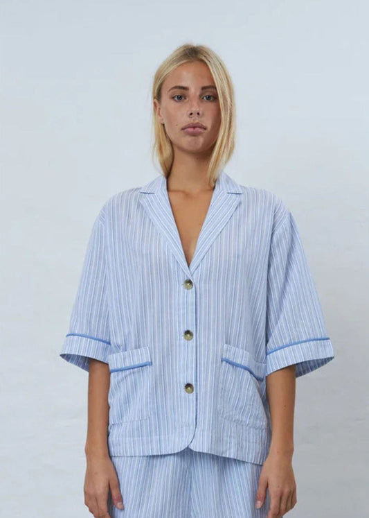 Short sleeved pyjamas shirt-White/Blue Strips - Pop Up Concepts